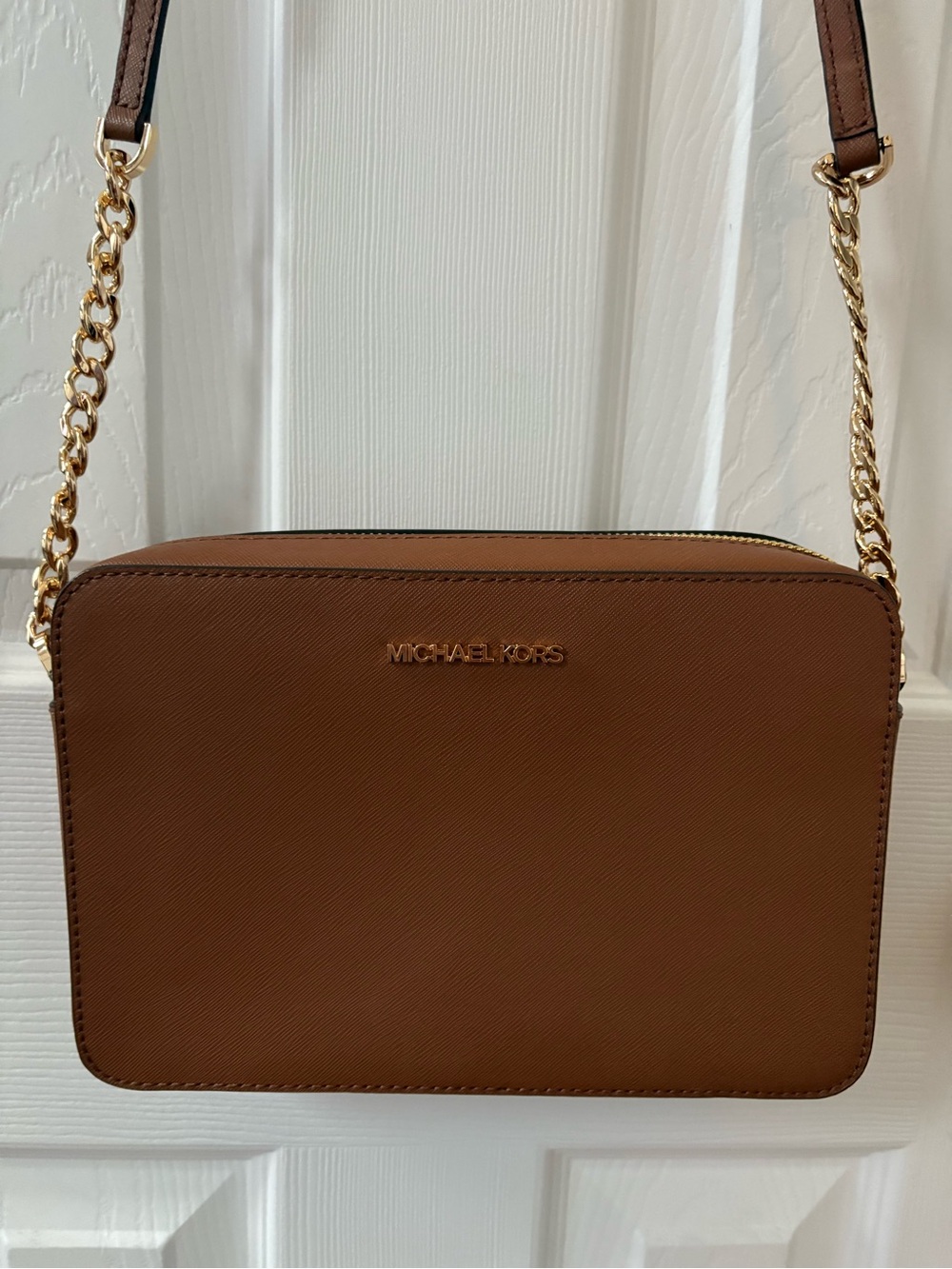 Michael Kors Chestnut Brown Saffiano Crossbody Camera Bag with Gold Chain